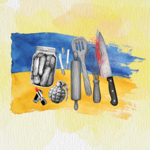 A collection of kitchen tools and quirky items on a yellow-blue painted background: jar of pickles, rolling pin, spatula, whisk, knife, lipstick, and a grenade-shaped shaker.